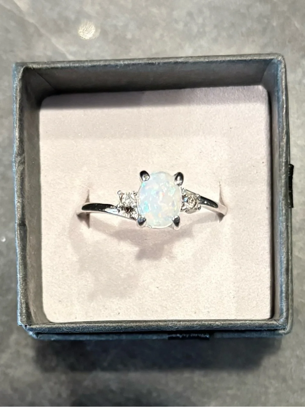 Silver Synthetic White Opal Solitaire Ring with Accent Stones~Size 10.5